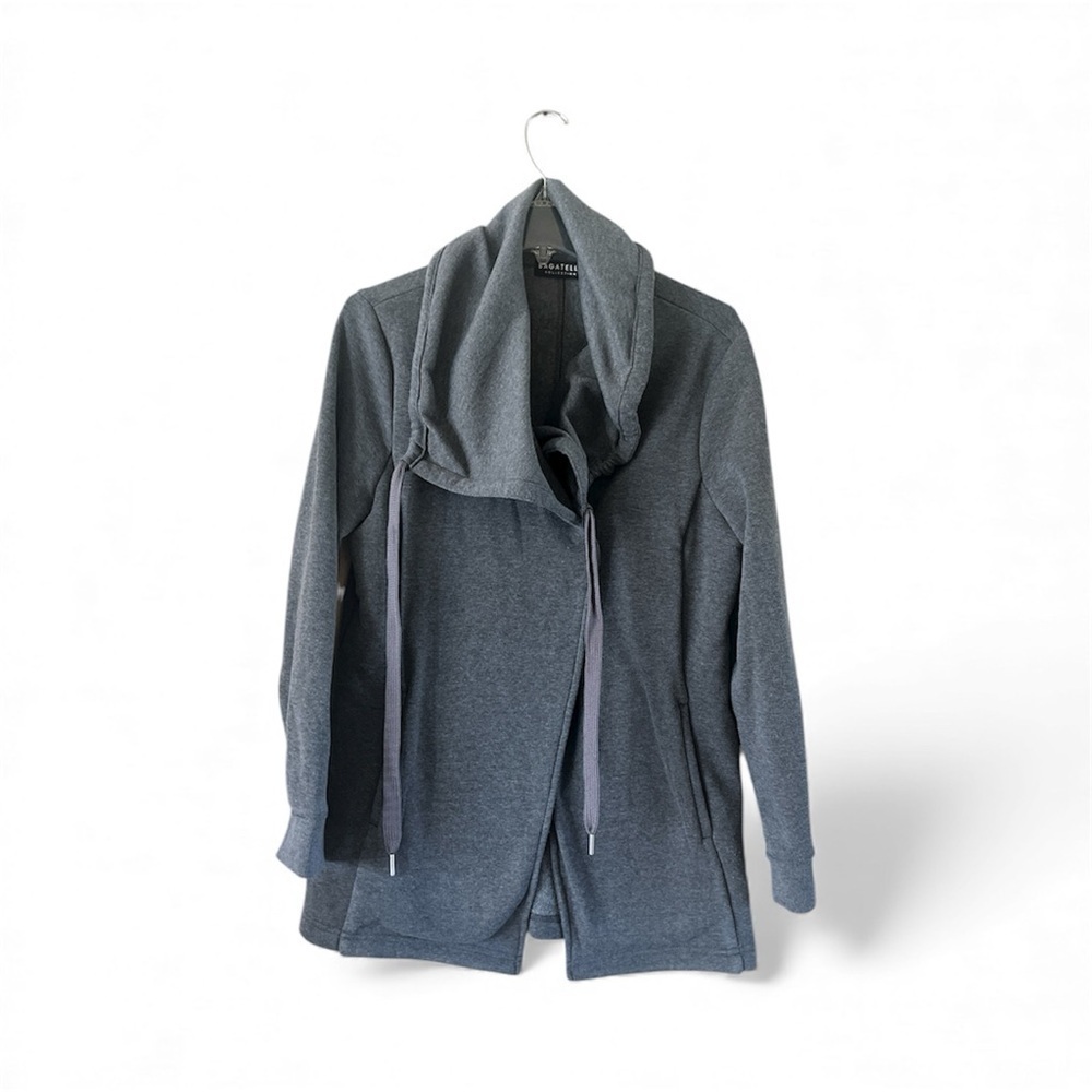 Bagatelle Collection Gray Cowl Neck Women's Fleece Open Cardigan Size M Cowl Tie